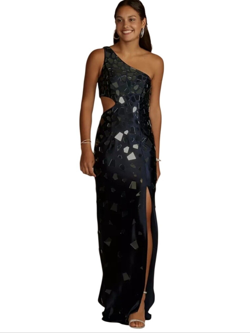 Jules and Cleo One Shouldet Cut Glass Stretch Satin Sheath Cyber-Chic Dress 4